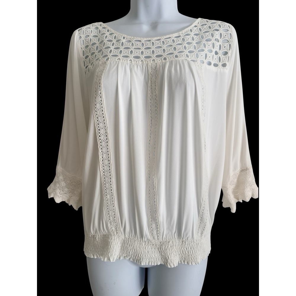 Solitaire Womens Blouse L White‎ Boho Crochet Lace Yolk Peasant Top Smocked Hem